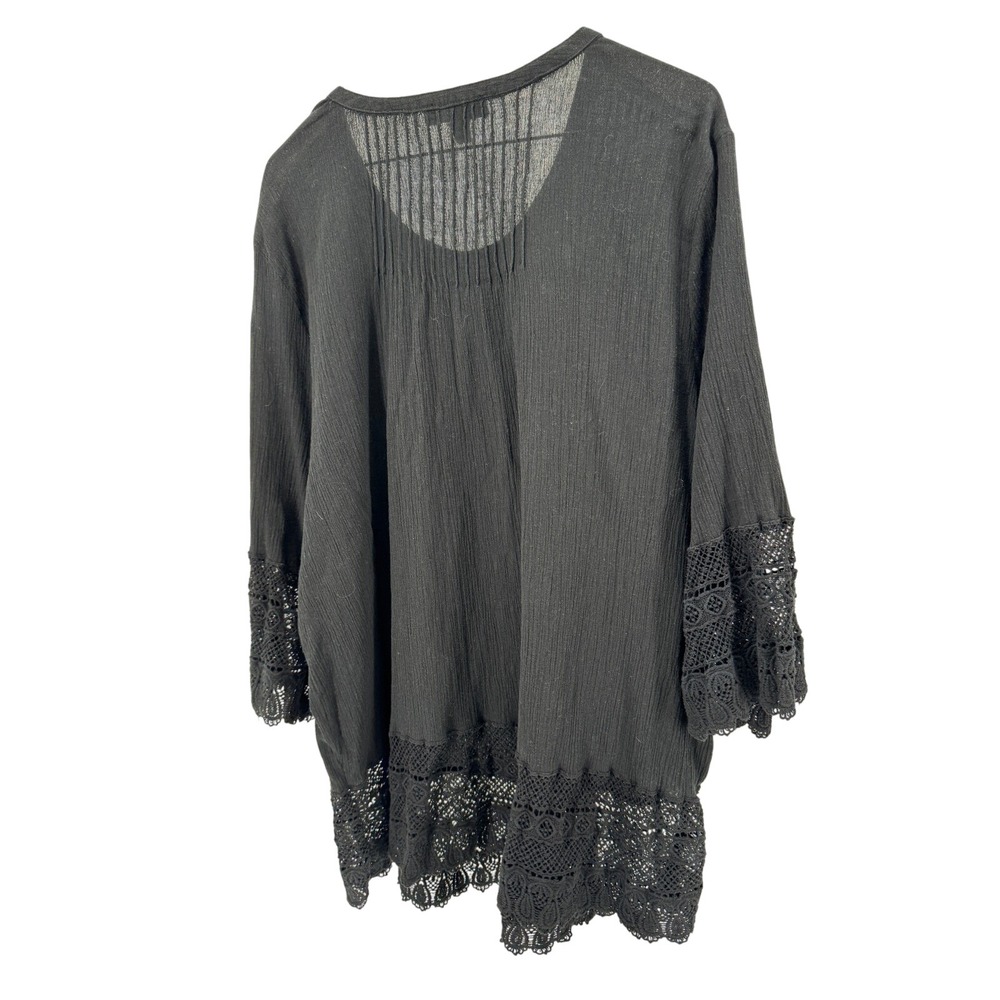 Ellos Womens 2X Tunic Top Black Crochet Trim Pintuck Button Down 3/4 Sleeve‎